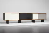Large unique sideboard by Charlotte Perriand, 1959, Oak-veneered wood, oak-veneered plywood, painted wood, painted steel, plastic, glass, aluminum, sold Dec 2015
