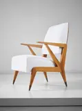 Gio Ponti, Rare armchair, circa 1948, Walnut, brass, fabric