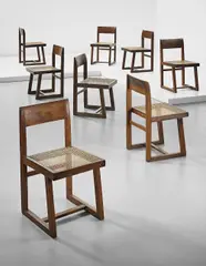 Pierre Jeanneret, Set of eight chairs, model no. PJ-SI-54-A, from Punjab University, Chandigarh, circa 1960, Teak, cane