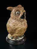 Long eared hungry owl jar and cover by R. W. Martin & Brothers, October 1895, Salt-glazed stoneware, ebonized wood, sold Dec 2015