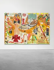 DR. CABARETYR DE TOTAL by Jonathan Meese, 2008, diptych, oil, acrylic, printed paper collage on canvas, sold Mar 2014