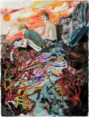 The Snow Melts Up There by Hernan Bas, 2005, acrylic, pastel, paper collage on Aquarelle Arches paper, sold Mar 2014