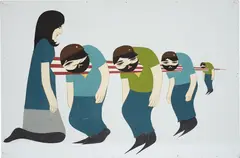Clare Rojas, Untitled (lady with spike thru 4 men), 2005, acrylic, gouache on wood