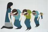 Clare Rojas, Untitled (lady with spike thru 4 men), 2005, acrylic, gouache on wood