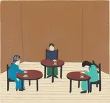 Clare Rojas, Untitled (3 ladies drinking tea), 2005, acrylic, gouache on wood
