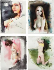 Martin Eder, Four Works: (i) Untitled (489MEGIRL, 11/03); (ii) Untitled (432MEGIRL, 06/03); (iii) Untitled (411MEGIRL, 04/03); (iv) Untitled (436MEGIRL, 06/03), 2003, watercolor and graphite on handmade paper