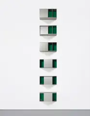 Donald Judd, Untitled (88-27 Menziken), 1988, anodized aluminum, green Plexiglas, in 6 parts