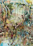 Hernan Bas, The Soft Spoken Sissy with Spoonbill Feathers, 2008, oil, gouache, acrylic on linen, laid on panel