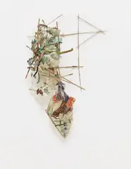 Armor by Elliott Hundley, 2006, paper, collage, fabric, wire, wood, found materials, offered May 2014