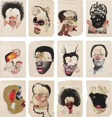 Wangechi Mutu, Histology of the Different Classes of Uterine Tumors, 2004-05, glitter, ink, collage on found medical illustration paper, in 12 parts