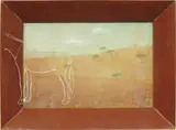 Francis Alÿs, Sin título (Paisaje con plástico y burro), 1992-96, oil on found cloth, in an artist's wood frame with vinyl collage