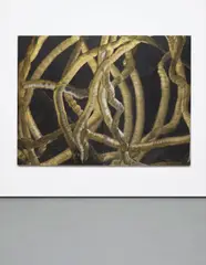 Burnout (Defendants) by Aaron Young, 2008, rubber, glass, beer, acrylic on aluminum, diptych, sold Sep 2014