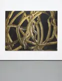 Aaron Young, Burnout (Defendants), 2008, rubber, glass, beer, acrylic on aluminum, diptych