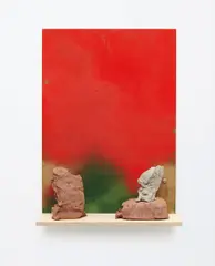 Shelf paintings (Pottery in October #8) by Fredrik Værslev and Dan Rees, 2009, spray paint on plywood, birch shelf, brass screws and hinges, ceramic objects, sold Sep 2014