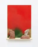Fredrik Værslev and Dan Rees, Shelf paintings (Pottery in October #8), 2009, spray paint on plywood, birch shelf, brass screws and hinges, ceramic objects