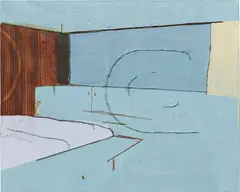 Michael Raedecker, Sorta Moon Cha Cha, 1997, oil, acrylic, wood veneer, yarn on canvas