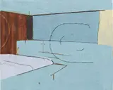 Michael Raedecker, Sorta Moon Cha Cha, 1997, oil, acrylic, wood veneer, yarn on canvas