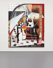 Francesca DiMattio, Vaisseau à Mât, 2012, acrylic, rug, rope, silver leaf on canvas
