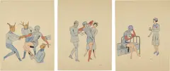 Three works: Untitled by Marcel Dzama, 1999-2000, watercolor, root beer, ink on paper, sold Sep 2014