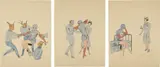 Marcel Dzama, Three works: Untitled, 1999-2000, watercolor, root beer, ink on paper