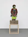 Jeffrey Gibson (Choctaw & Cherokee), Like a Hammer (Figure), 2014, wool, wood, deer rawhide, glass beads, steel studs, copper jingles, acrylic yarn, quartz crystals, brass bells, Angora goat fur, artificial sinew