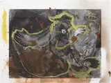 Rita Ackermann, No title, 2009, linseed oil, oil, oil stick, turpentine on printed paper
