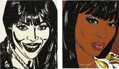 Naomi Campbell by Mickalene Thomas, 2010, diptych, rhinestones, acrylic, enamel on wood panel, sold Sep 2014