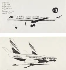 Aleksandra Mir, Two works: (i) Airplanes #21 (Ethiopian); (ii) Airplanes #1 (Xiamen Airlines), 2005, fiber tipped pen on paper