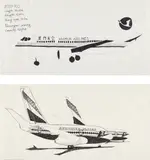 Aleksandra Mir, Two works: (i) Airplanes #21 (Ethiopian); (ii) Airplanes #1 (Xiamen Airlines), 2005, fiber tipped pen on paper