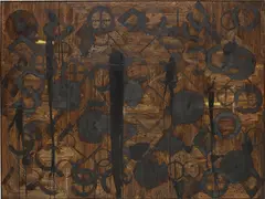 Born by the River by Rashid Johnson, 2011, branded red oak flooring, black soap, wax, paint, sold Nov 2014