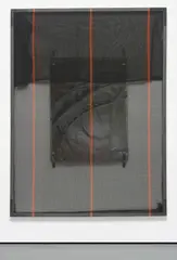 Formed Cords by Valerie Snobeck, 2012, debris netting, partially removed mirror, peeled print on plastic, wood, gesso, hardware, door barricade brackets, sold Nov 2014