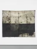 Touch me with your greasy hands by Oscar Murillo, 2012, oil, oilstick, spray paint, dirt, tape, steel grommets on canvas, offered Nov 2014
