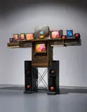 Nam June Paik, Big Shoulder, 1998, mixed media, antique cabinets, televisions, laser disc player and laser disc