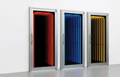 Iván Navarro, Shortcut, 2005, triptych: aluminum doors, mirrors, neon variable
