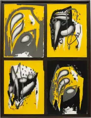 Aaron Curry, Masks (Pixelated Sorcerers), 2008, ink, gouache, acrylic on paper, in 4 parts, in artist's painted wood frame