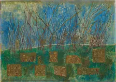 Alice Rahon, Los guardianes, 1959, oil, metal foil and paper on wood panel