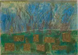 Alice Rahon, Los guardianes, 1959, oil, metal foil and paper on wood panel