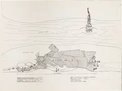 Marta Minujín, Reclining Statue of Liberty (Voltear or el Arte de voltear), 1979, lithograph of drawing on graph paper
