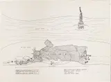 Marta Minujín, Reclining Statue of Liberty (Voltear or el Arte de voltear), 1979, lithograph of drawing on graph paper