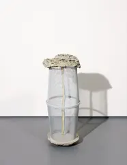 Gabriel Kuri, Línea horizontal boca arriba IV, 2008, two metallic bins, concrete and silk lace