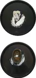 Boris Viskin, El Greco: El caballero sin la mano en el pecho, 2004, oil, metal dish and photo collage on canvas, laid on board, with bicycle wheel frames, dyptich