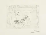Pablo Picasso, Minotaure et jeune femme enlacés rêvant sous une fenêtre (Minotaure and Young Woman Embracing Under a Window), plate 91, from La suite Vollard, 1933, Etching, on Montval paper with watermark Picasso , with full margins,