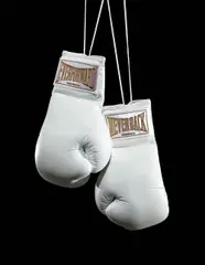 Gary Simmons, Everforward...(Neverback), 1993, Pair of white leather boxing gloves with metallic gold thread and satin,