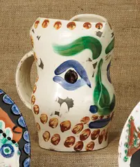 Visage aux points (Face with points) by Pablo Picasso, 1969, White earthenware pitcher painted in colors and partially glazed,, sold Oct 2014