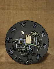 Paysage (Landscape) by Pablo Picasso, 1953, White earthenware round plate painted in colors with partial brushed glaze,, sold Oct 2014