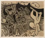 Bacchanale: Flûtiste et danseurs aux cymbales (Bacchanal: Flutist and Dancers with Cymbals) by Pablo Picasso, 1959, Linocut in colors, on Arches paper, with full margins, the second (final) state,, sold Oct 2014