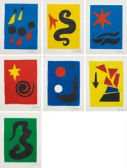 Alexander Calder, Fêtes, 1971, The complete deluxe set of 15 aquatints with pochoir in colors, comprised of the complete set of seven prints, and the additional signed suite of seven prints, on Richard de Bas paper, with full margins, and the printed cover, loose (as issued), with title page and text by Jacques Prèvert,