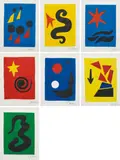 Alexander Calder, Fêtes, 1971, The complete deluxe set of 15 aquatints with pochoir in colors, comprised of the complete set of seven prints, and the additional signed suite of seven prints, on Richard de Bas paper, with full margins, and the printed cover, loose (as issued), with title page and text by Jacques Prèvert,