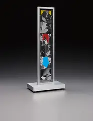 John Baldessari, Jacob's Ladder: Love (Yellow, Red, Blue and Black and White); War (Orange, Violet, Green and Black and White), 2004, Multiple with movable parts printed on both sides of six aluminum panels, contained in anodized aluminum frame and base, with electric motor and gear system,