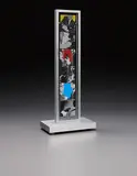 John Baldessari, Jacob's Ladder: Love (Yellow, Red, Blue and Black and White); War (Orange, Violet, Green and Black and White), 2004, Multiple with movable parts printed on both sides of six aluminum panels, contained in anodized aluminum frame and base, with electric motor and gear system,